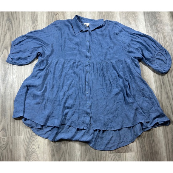 Umgee Tops - Umgee Blue Crinkle Tiered Button Down Tunic Top Womens 2XL Plus Boho hippie